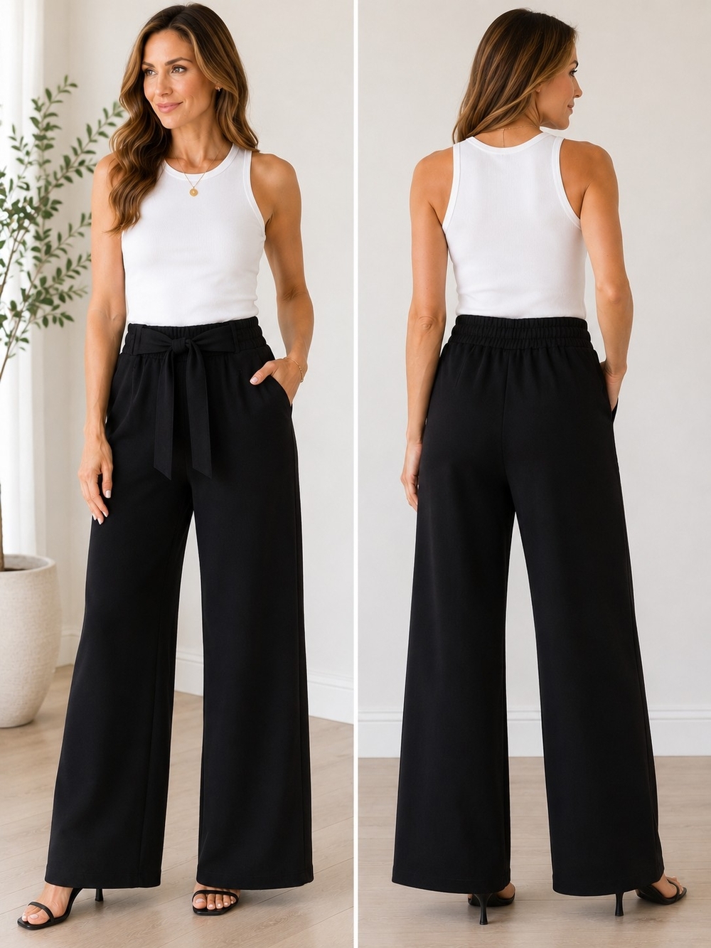 T Tahari Black Scuba Knit Wide Leg Pants XL Pull-On Tie Waist Pockets